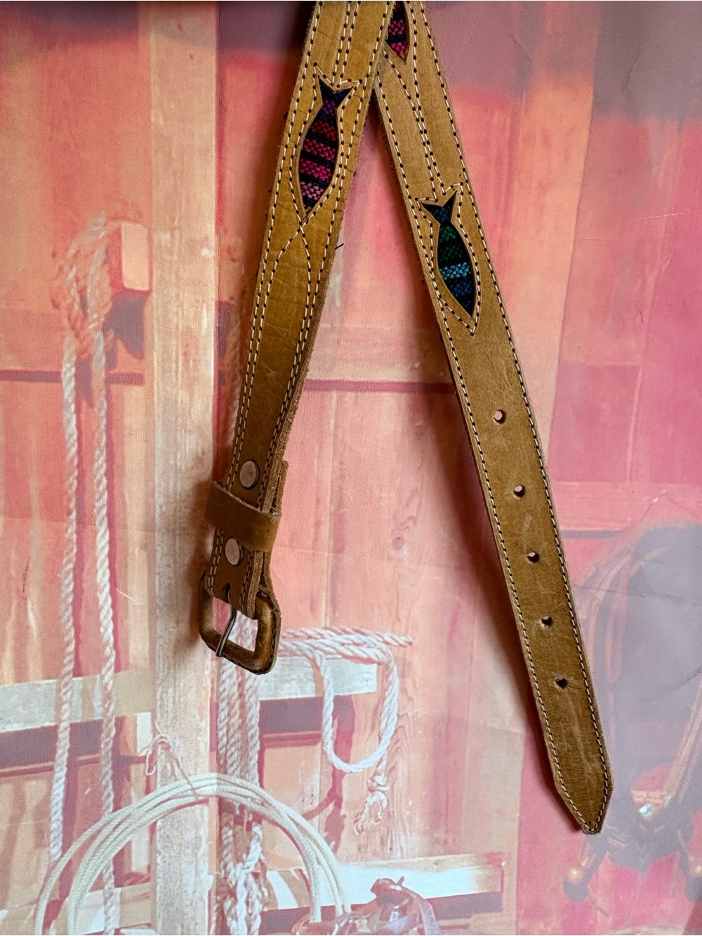 Vintage Leather Belt with Colorful Tapestry Inlays – XS/S
